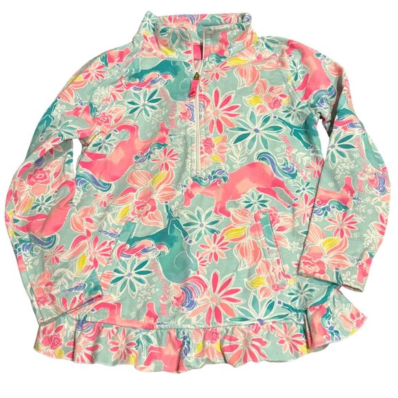 Lilly Pulitzer Girls Green Pink Floral & Horse Print Quarter-Zip Pullover Sweats - Picture 1 of 4